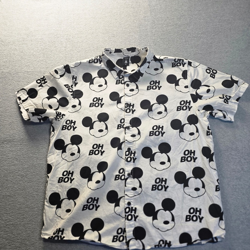Mickey Mouse Disney Oh Boy Shirt Mens XL White Black Graphic Button Up Neff
